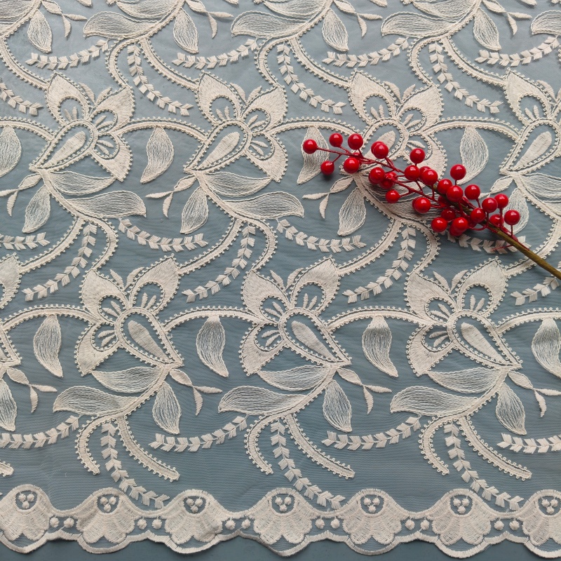 Apricot Tulle Cord Embroidery Fabric Cotton Polyester Full Floral Lace Fabric For Dress Curtain