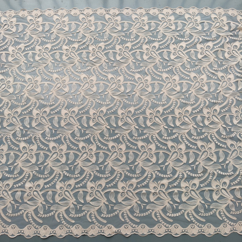 Apricot Tulle Cord Embroidery Fabric Cotton Polyester Full Floral Lace Fabric For Dress Curtain