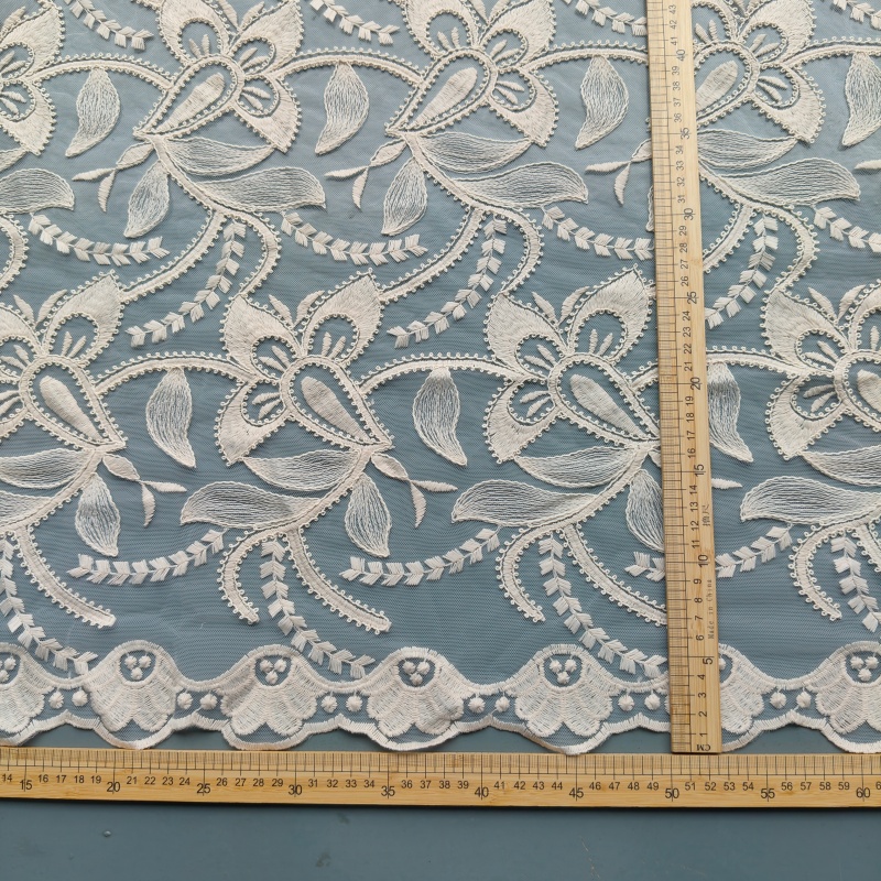 Apricot Tulle Cord Embroidery Fabric Cotton Polyester Full Floral Lace Fabric For Dress Curtain