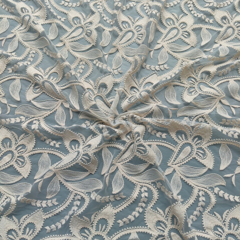 Apricot Tulle Cord Embroidery Fabric Cotton Polyester Full Floral Lace Fabric For Dress Curtain