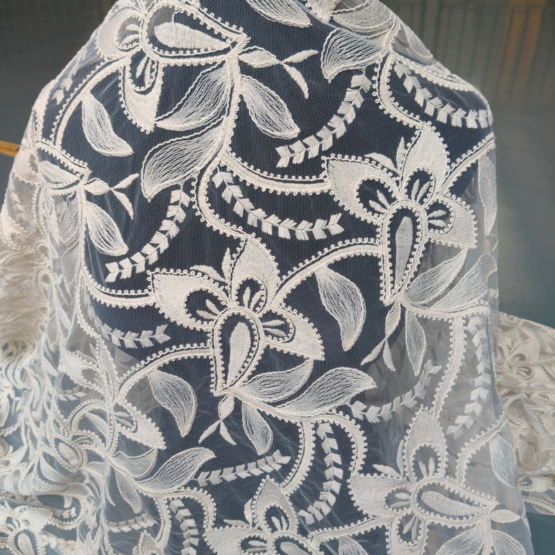 Apricot Tulle Cord Embroidery Fabric Cotton Polyester Full Floral Lace Fabric For Dress Curtain