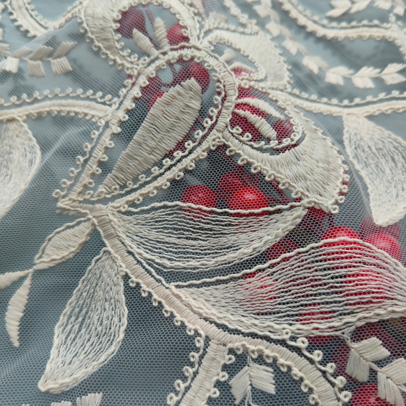 Apricot Tulle Cord Embroidery Fabric Cotton Polyester Full Floral Lace Fabric For Dress Curtain