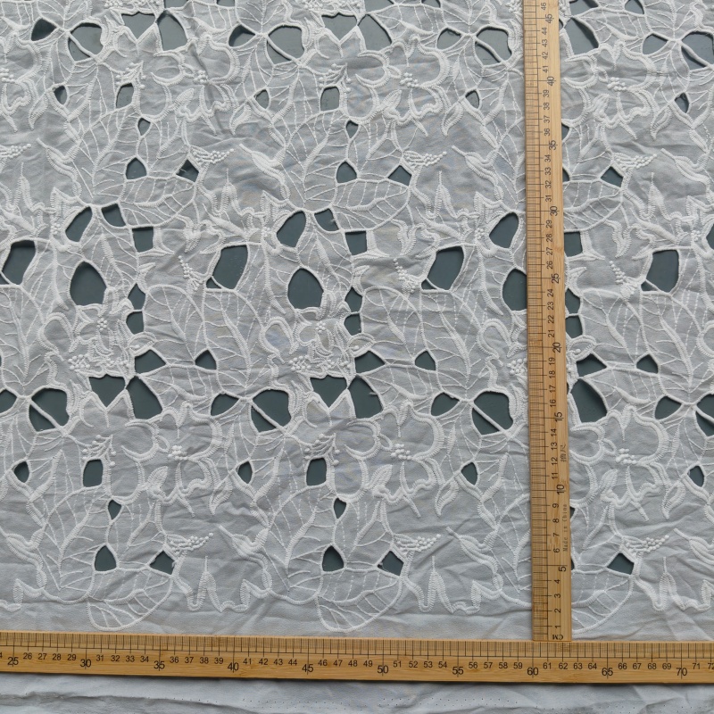 White Polyester Hollow Cutwork Floral Embroidery Lace Fabric For Wedding Dress Home Decor