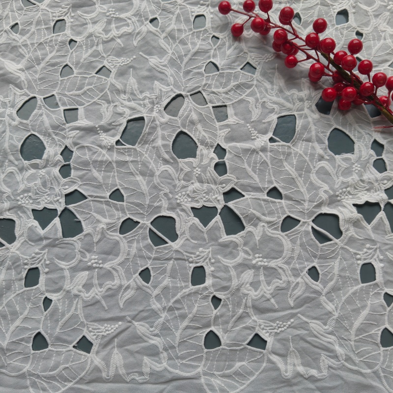White Polyester Hollow Cutwork Floral Embroidery Lace Fabric For Wedding Dress Home Decor