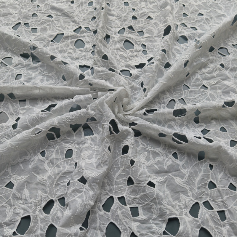 White Polyester Hollow Cutwork Floral Embroidery Lace Fabric For Wedding Dress Home Decor
