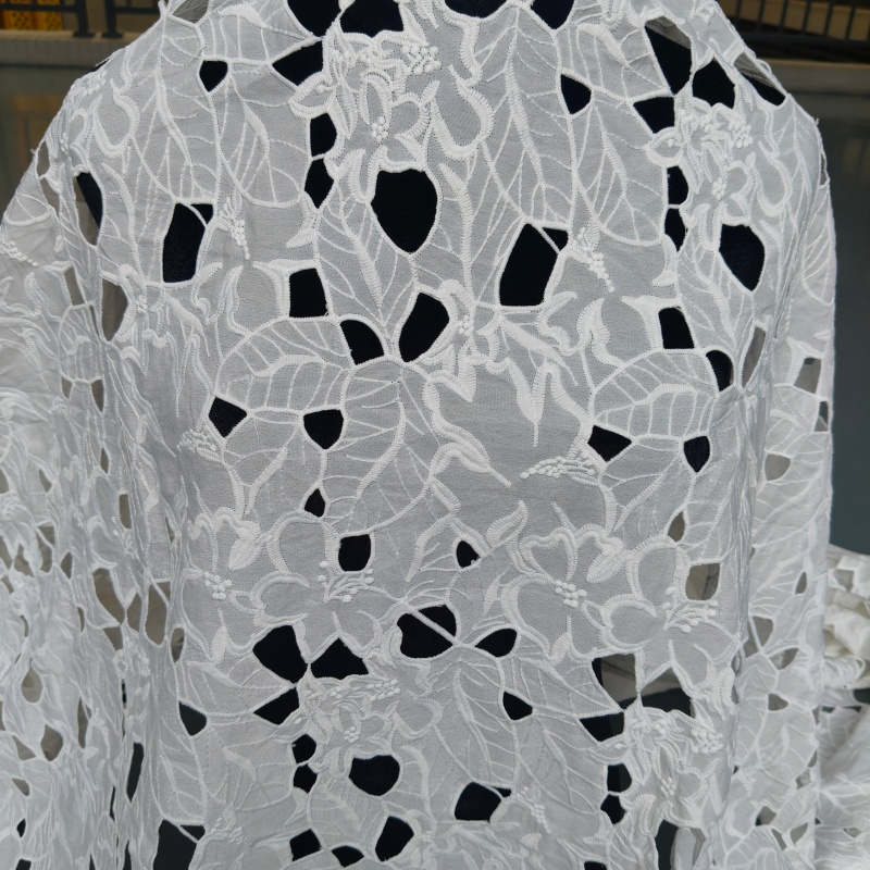 White Polyester Hollow Cutwork Floral Embroidery Lace Fabric For Wedding Dress Home Decor