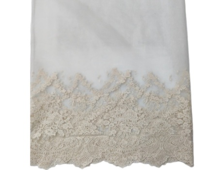 Vintage Floral Cotton Embroidery Tulle Lace Trim, Cream Wide Scalloped Mesh Lace for Wedding Dress 
