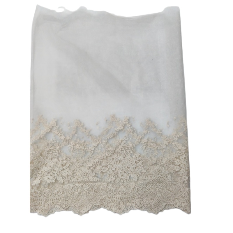 Vintage Floral Cotton Embroidery Tulle Lace Trim, Cream Wide Scalloped Mesh Lace for Wedding Dress 