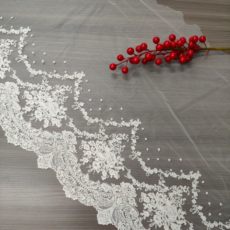 Vintage Floral Cotton Embroidery Tulle Lace Trim, Cream Wide Scalloped Mesh Lace for Wedding Dress 