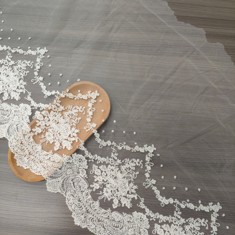Vintage Floral Cotton Embroidery Tulle Lace Trim, Cream Wide Scalloped Mesh Lace for Wedding Dress 