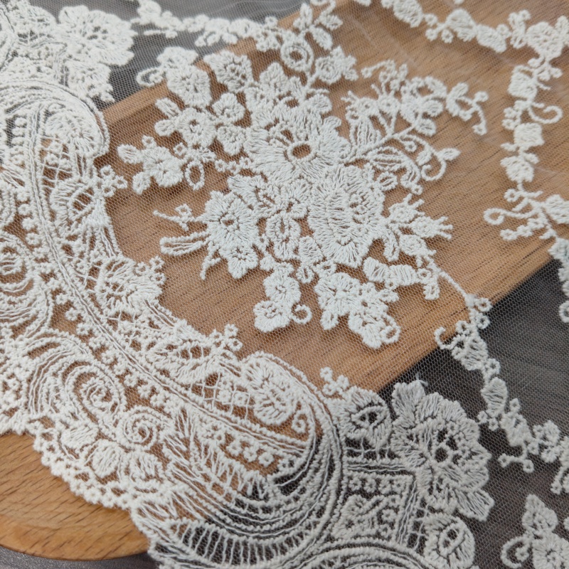 Vintage Floral Cotton Embroidery Tulle Lace Trim, Cream Wide Scalloped Mesh Lace for Wedding Dress 
