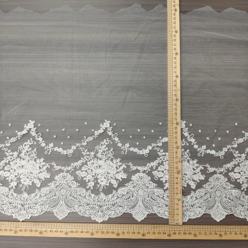 Vintage Floral Cotton Embroidery Tulle Lace Trim, Cream Wide Scalloped Mesh Lace for Wedding Dress 