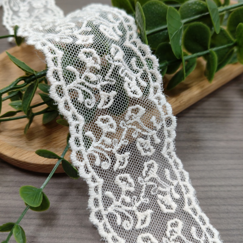 5cm Wide Apricot Mesh Cotton Thread Embroidery Lace Trim Floral Tulle Lace Ribbon For Dress Sewing 