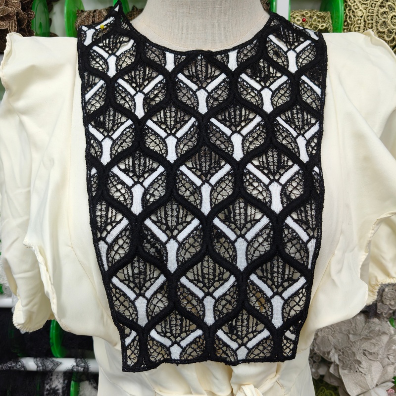 Black White Contrast Hollow Lace Collar Applique Sew‑on Embroidered Neckline Patch