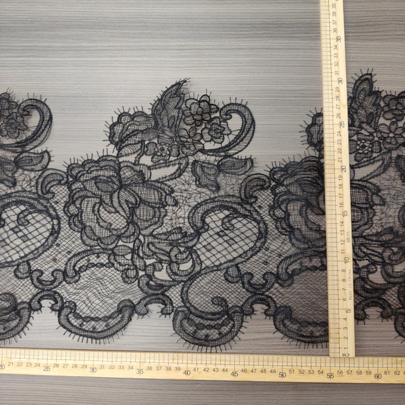 Wide Vintage Floral Eyelash Lace Trim, Black White Embroidery Lace for Wedding Dress