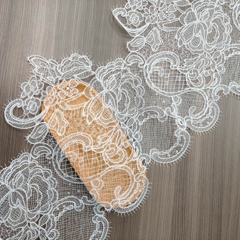 Wide Vintage Floral Eyelash Lace Trim, Black White Embroidery Lace for Wedding Dress