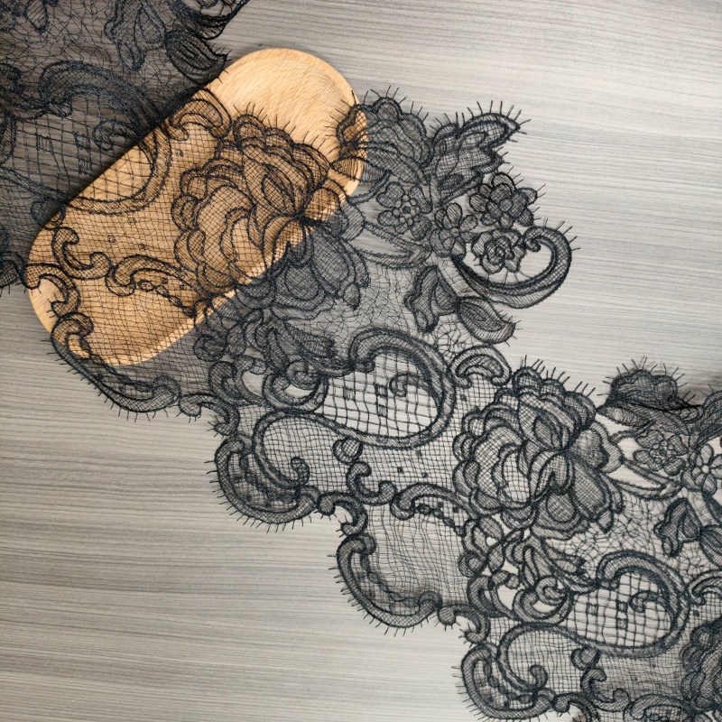 Wide Vintage Floral Eyelash Lace Trim, Black White Embroidery Lace for Wedding Dress