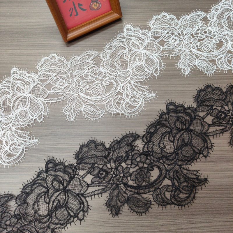 Fishtail Thread Floral Eyelash Lace Trim, Black White Sheer Lace for Wedding Dress Sewing