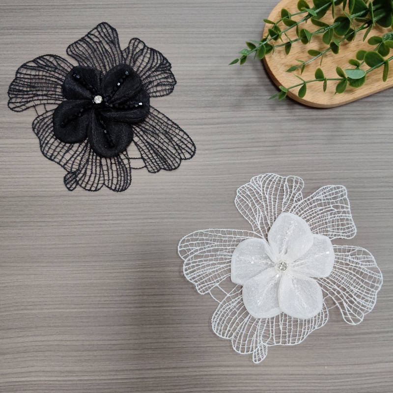 3D Mesh Lace Flower Applique, Rhinestone Embroidered Floral Patch for Dress Decoration