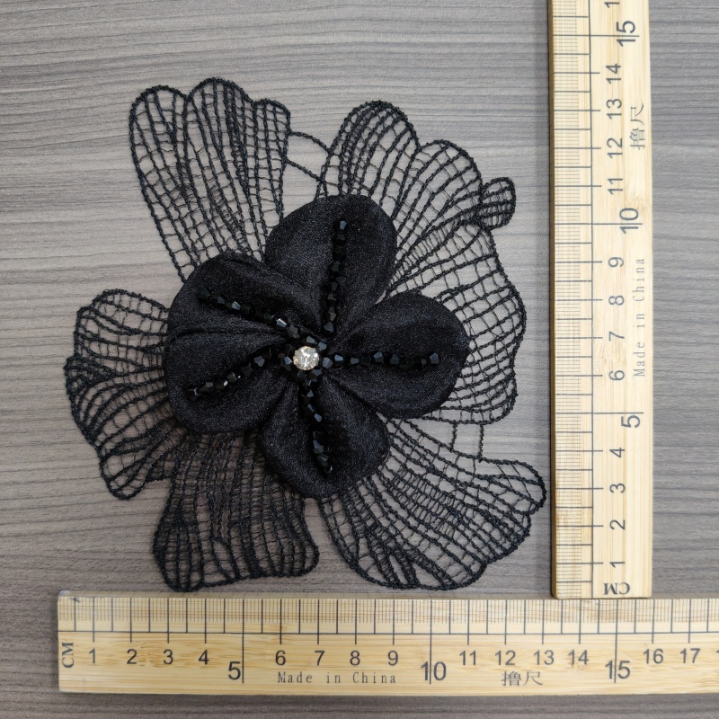 3D Mesh Lace Flower Applique, Rhinestone Embroidered Floral Patch for Dress Decoration
