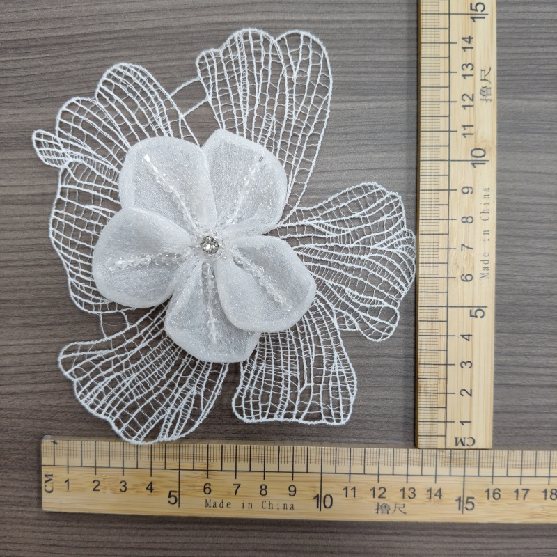 3D Mesh Lace Flower Applique, Rhinestone Embroidered Floral Patch for Dress Decoration