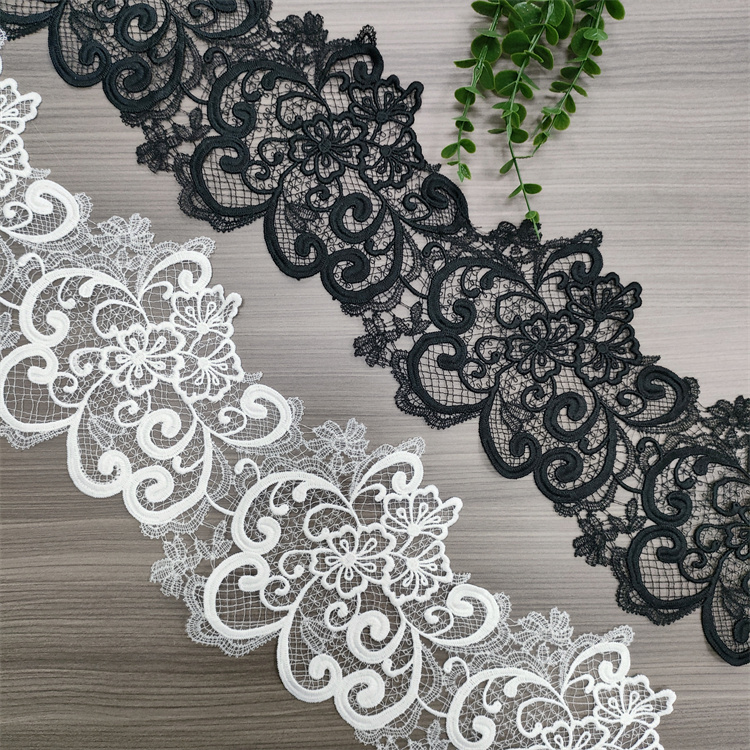 Black & White Milk Thread Embroidery Lace Trim, Floral Water Soluble Lace Border for Wedding Dress G